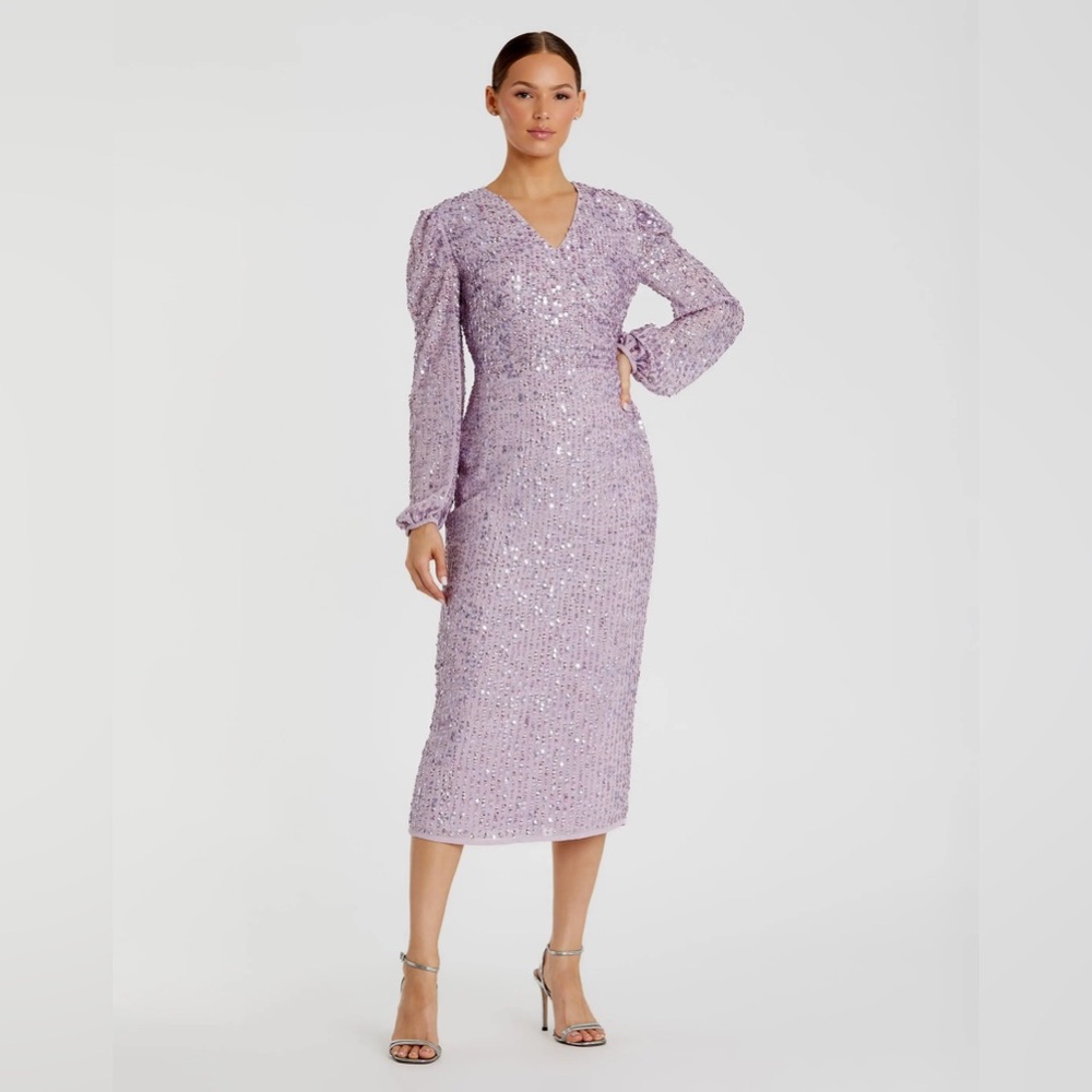 Purple Sequined Illusion Puff Sleeve V Neck Midi Dress